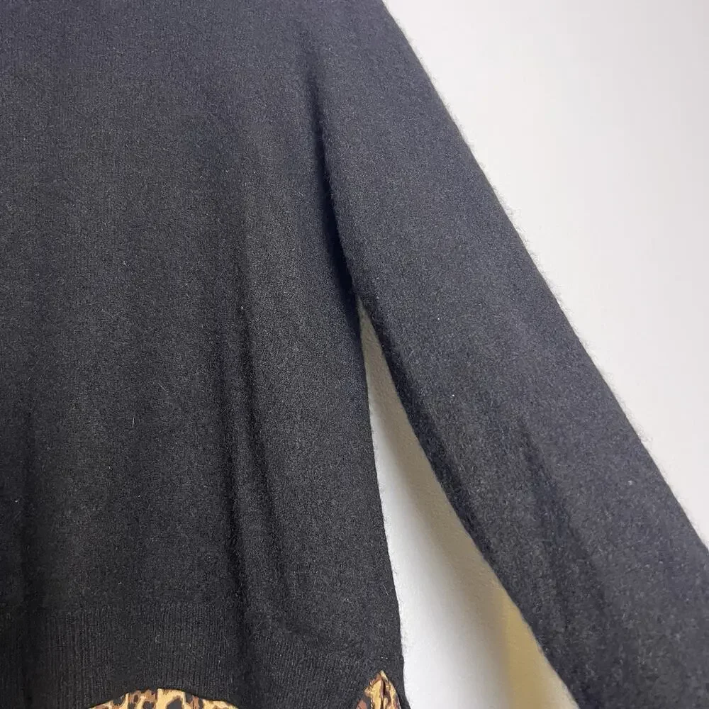 Charter Club Women's 100% Cashmere Leopard Print Trimmed Sweater Sz M Black - Picture 5 of 11